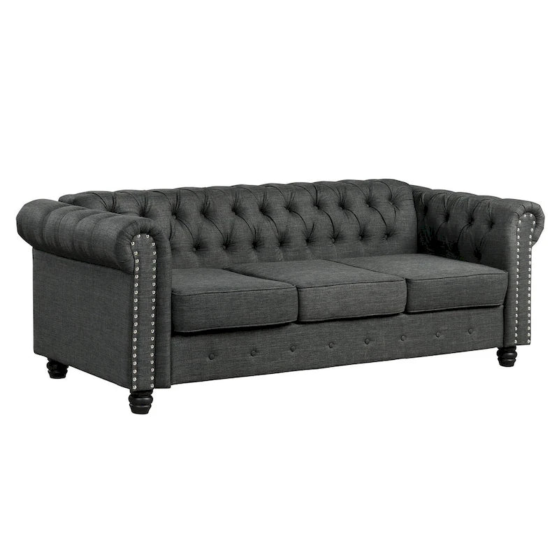 Morden Fort gombtűzött, kárpitozott Chesterfield kanapészett, fotellel és kanapéval, 2 darabos, nappaliba, lenvászon, tömörfa lábakkal