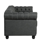 Morden Fort gombtűzött, kárpitozott Chesterfield kanapészett, fotellel és kanapéval, 2 darabos, nappaliba, lenvászon, tömörfa lábakkal