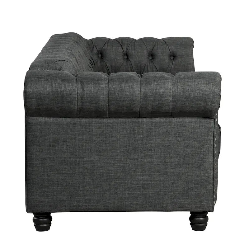 Morden Fort gombtűzött, kárpitozott Chesterfield kanapészett, fotellel és kanapéval, 2 darabos, nappaliba, lenvászon, tömörfa lábakkal