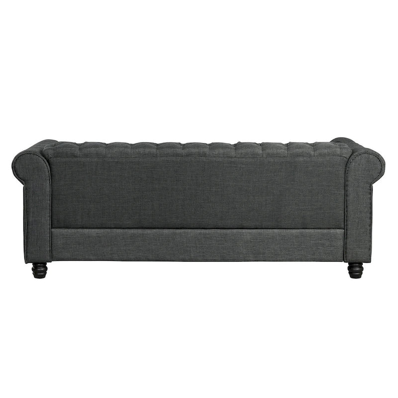 Morden Fort gombtűzött, kárpitozott Chesterfield kanapészett, fotellel és kanapéval, 2 darabos, nappaliba, lenvászon, tömörfa lábakkal