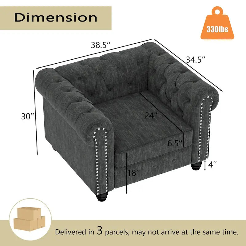 Morden Fort gombtűzött, kárpitozott Chesterfield kanapészett, fotellel és kanapéval, 2 darabos, nappaliba, lenvászon, tömörfa lábakkal