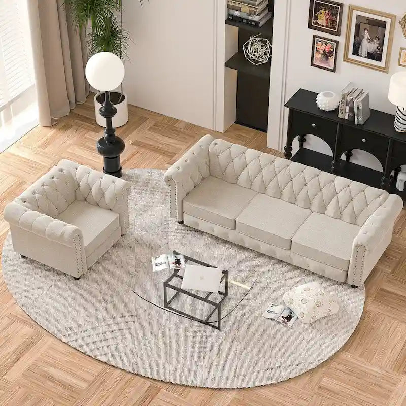 Morden Fort gombtűzött, kárpitozott Chesterfield kanapészett, fotellel és kanapéval, 2 darabos, nappaliba, lenvászon, tömörfa lábakkal