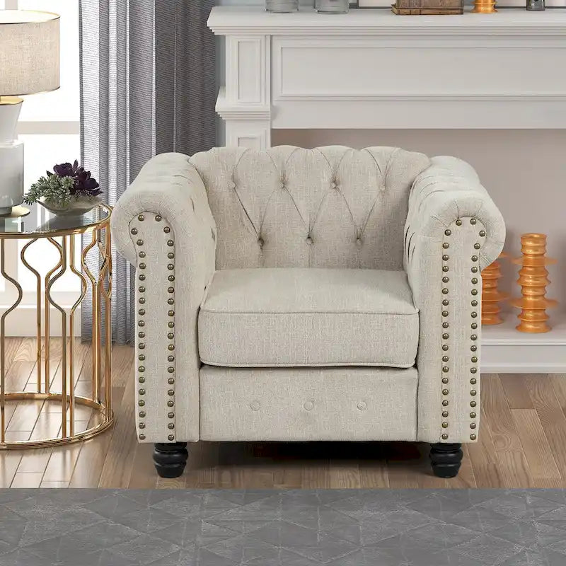 Morden Fort gombtűzött, kárpitozott Chesterfield kanapészett, fotellel és kanapéval, 2 darabos, nappaliba, lenvászon, tömörfa lábakkal