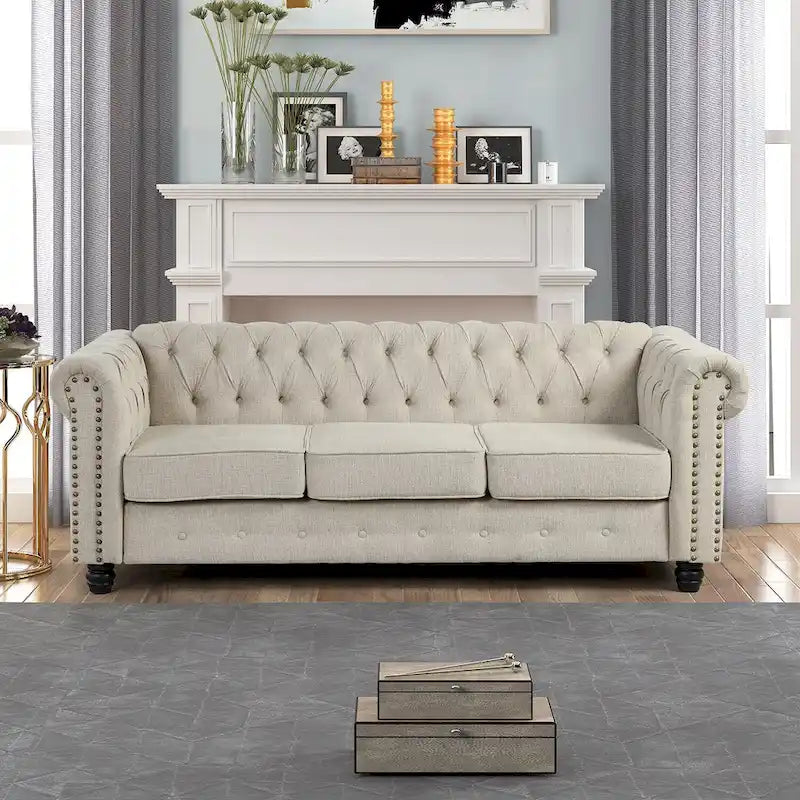 Morden Fort gombtűzött, kárpitozott Chesterfield kanapészett, fotellel és kanapéval, 2 darabos, nappaliba, lenvászon, tömörfa lábakkal
