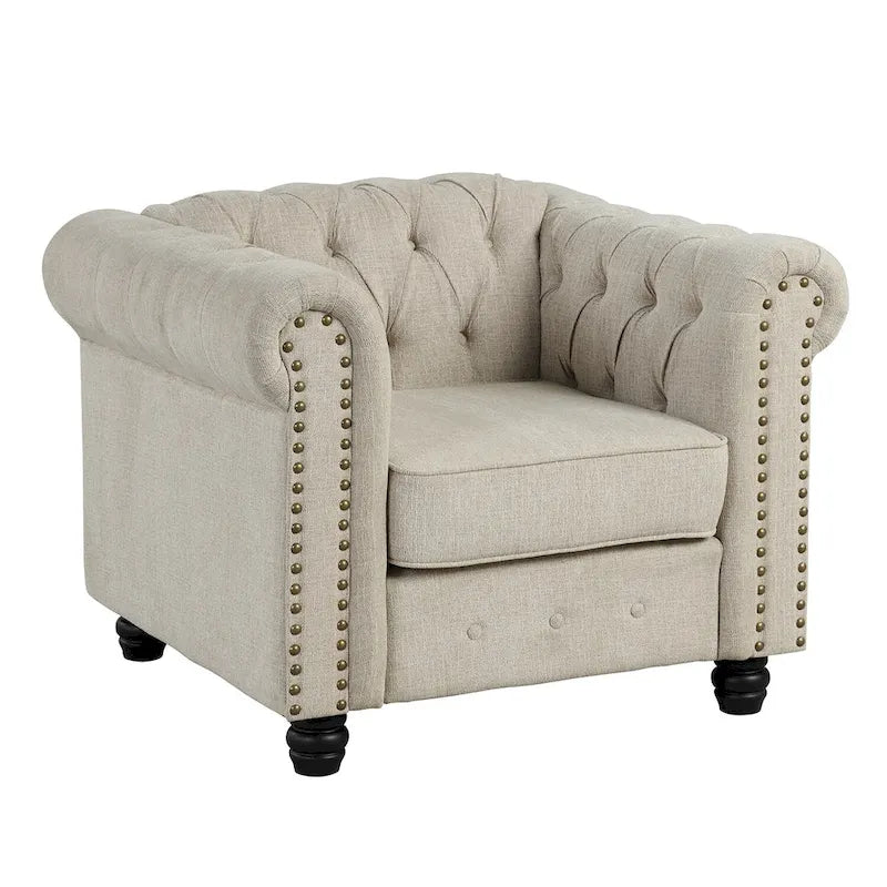 Morden Fort gombtűzött, kárpitozott Chesterfield kanapészett, fotellel és kanapéval, 2 darabos, nappaliba, lenvászon, tömörfa lábakkal
