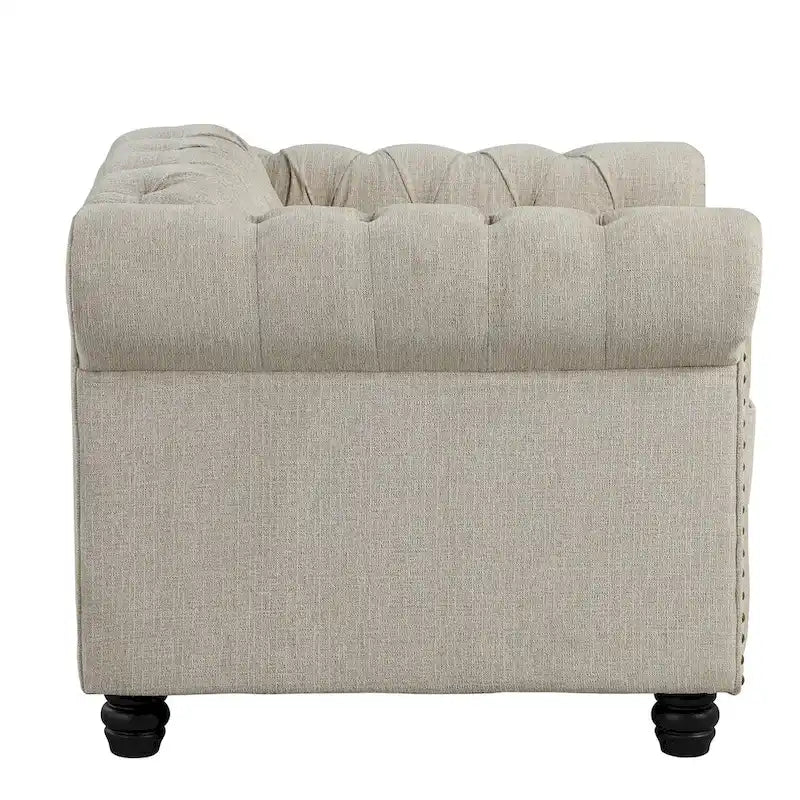 Morden Fort gombtűzött, kárpitozott Chesterfield kanapészett, fotellel és kanapéval, 2 darabos, nappaliba, lenvászon, tömörfa lábakkal