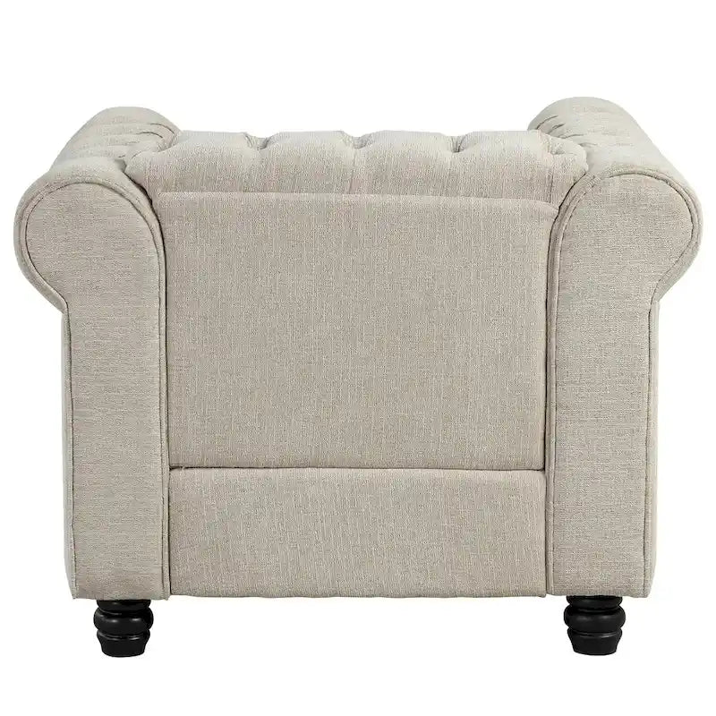 Morden Fort gombtűzött, kárpitozott Chesterfield kanapészett, fotellel és kanapéval, 2 darabos, nappaliba, lenvászon, tömörfa lábakkal