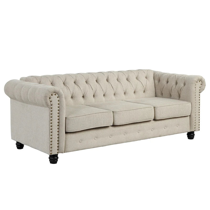 Morden Fort gombtűzött, kárpitozott Chesterfield kanapészett, fotellel és kanapéval, 2 darabos, nappaliba, lenvászon, tömörfa lábakkal