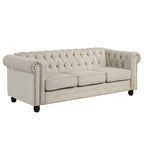 Morden Fort gombtűzött, kárpitozott Chesterfield kanapészett, fotellel és kanapéval, 2 darabos, nappaliba, lenvászon, tömörfa lábakkal