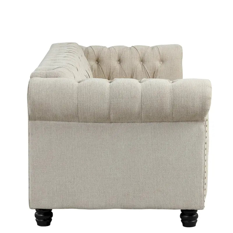 Morden Fort gombtűzött, kárpitozott Chesterfield kanapészett, fotellel és kanapéval, 2 darabos, nappaliba, lenvászon, tömörfa lábakkal