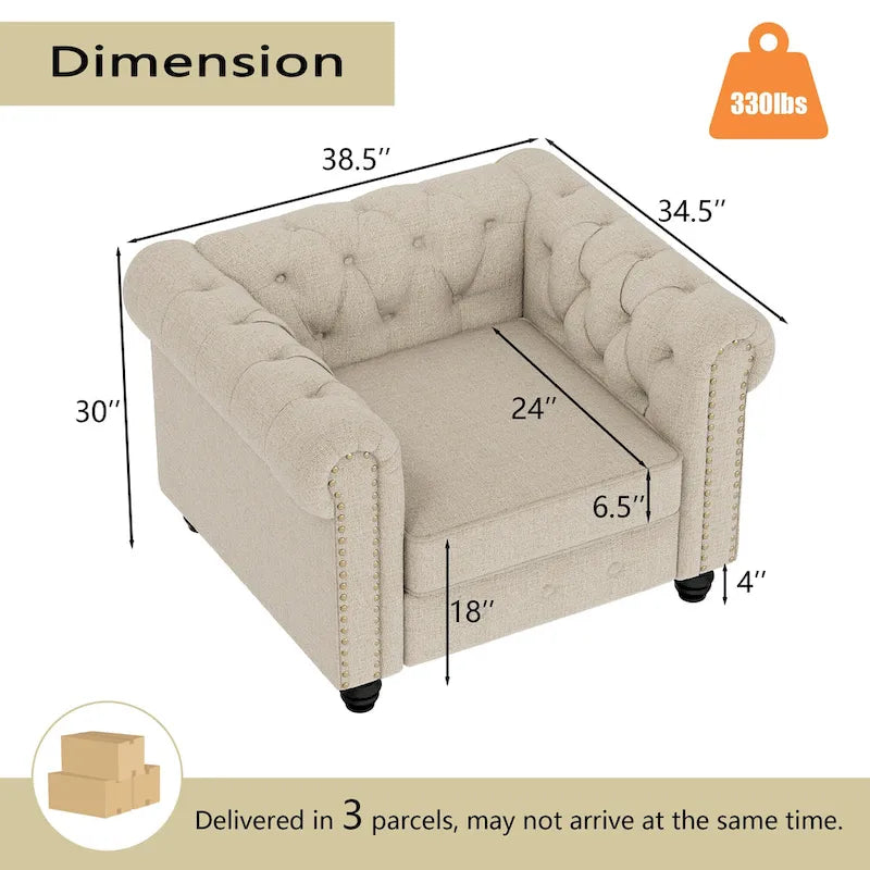 Morden Fort gombtűzött, kárpitozott Chesterfield kanapészett, fotellel és kanapéval, 2 darabos, nappaliba, lenvászon, tömörfa lábakkal