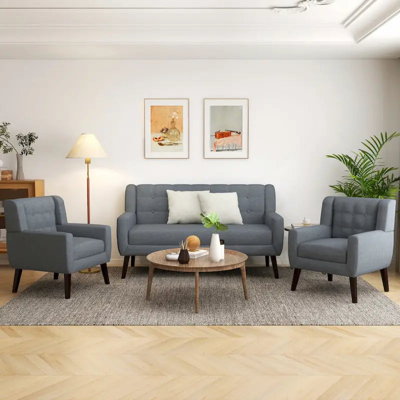 Nowoczesna zaokrąglona sofa loveseat o szerokości 63 cali, pikowana guzikami, z 2 fotelami akcentowymi