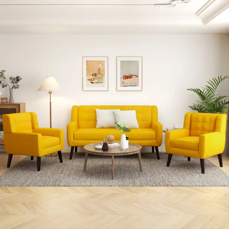 Nowoczesna zaokrąglona sofa loveseat o szerokości 63 cali, pikowana guzikami, z 2 fotelami akcentowymi
