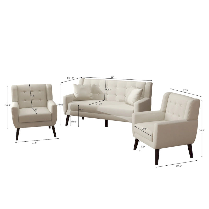 Nowoczesna zaokrąglona sofa loveseat o szerokości 63 cali, pikowana guzikami, z 2 fotelami akcentowymi