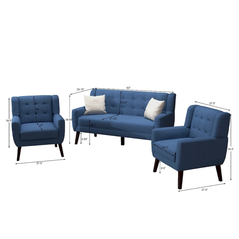 Nowoczesna zaokrąglona sofa loveseat o szerokości 63 cali, pikowana guzikami, z 2 fotelami akcentowymi