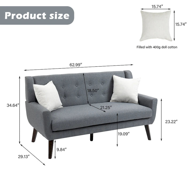 Nowoczesna zaokrąglona sofa loveseat o szerokości 63 cali, pikowana guzikami, z 2 fotelami akcentowymi