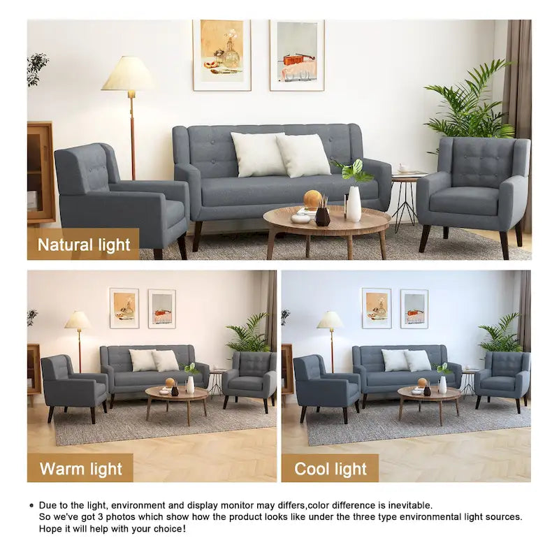 Nowoczesna zaokrąglona sofa loveseat o szerokości 63 cali, pikowana guzikami, z 2 fotelami akcentowymi