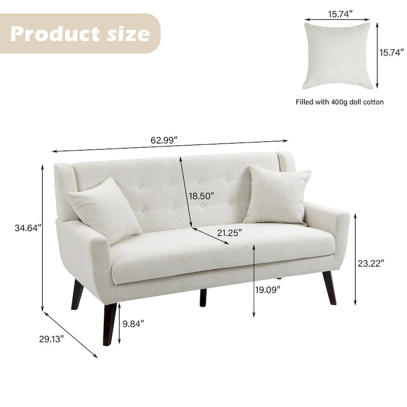 Nowoczesna zaokrąglona sofa loveseat o szerokości 63 cali, pikowana guzikami, z 2 fotelami akcentowymi