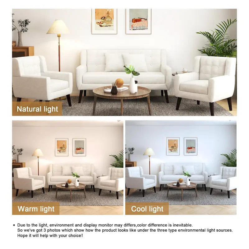 Nowoczesna zaokrąglona sofa loveseat o szerokości 63 cali, pikowana guzikami, z 2 fotelami akcentowymi