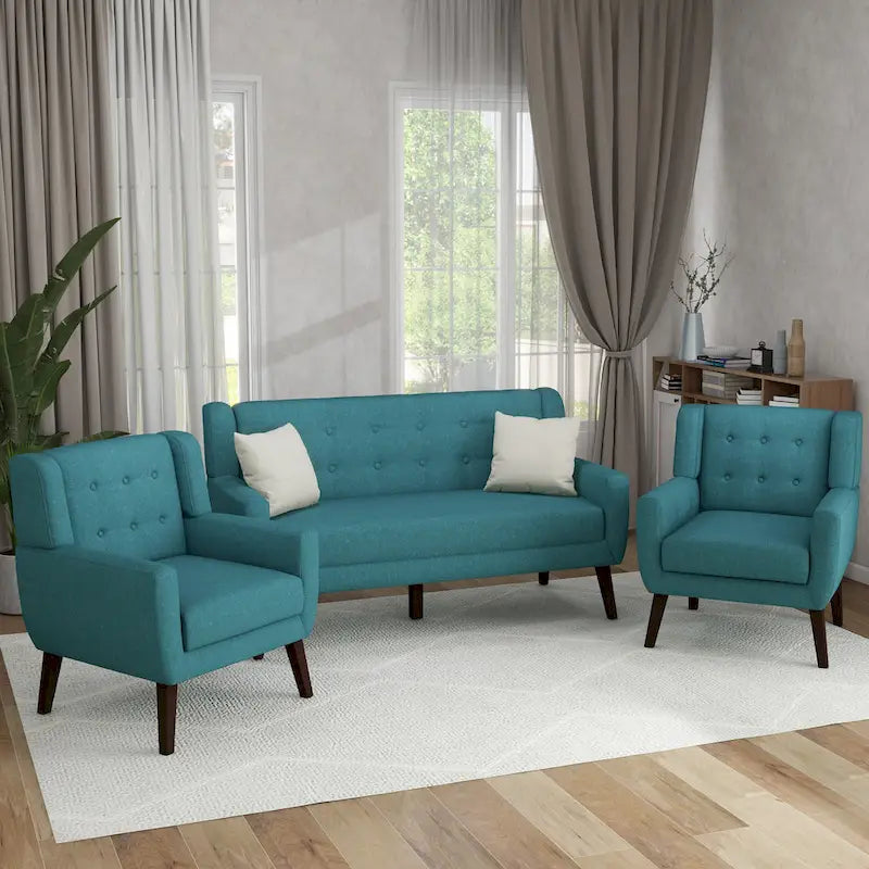 Nowoczesna zaokrąglona sofa loveseat o szerokości 63 cali, pikowana guzikami, z 2 fotelami akcentowymi