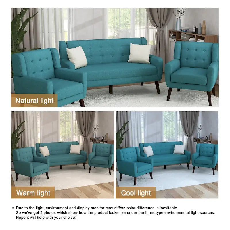Nowoczesna zaokrąglona sofa loveseat o szerokości 63 cali, pikowana guzikami, z 2 fotelami akcentowymi
