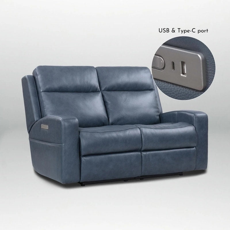 Canapé inclinable électrique deux places en cuir véritable, avec rangement et port de recharge USB pour le salon