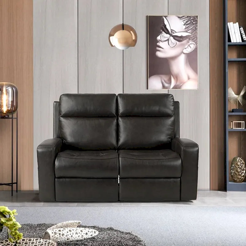 Canapé inclinable électrique deux places en cuir véritable, avec rangement et port de recharge USB pour le salon