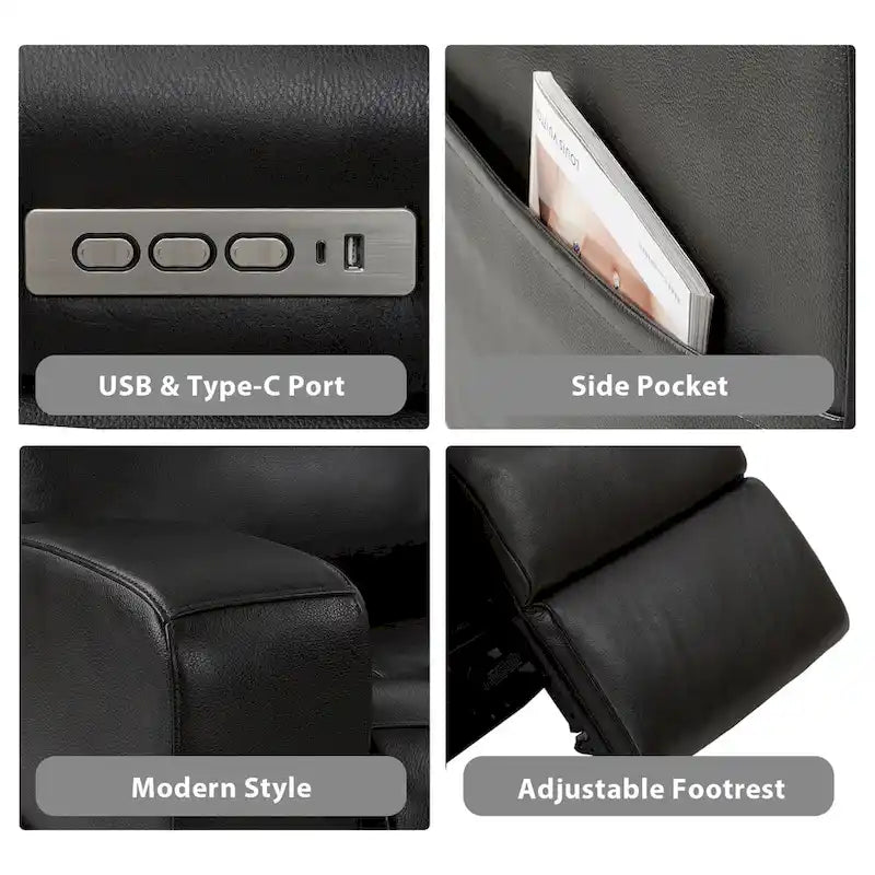Canapé inclinable électrique deux places en cuir véritable, avec rangement et port de recharge USB pour le salon