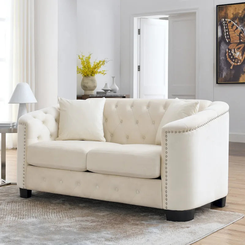 Sofá Chesterfield moderno de terciopelo de 59 pulgadas, sofá de 2 plazas, respaldos tapizados con capitoné, brazos con tachuelas y 2 cojines para la sala de estar