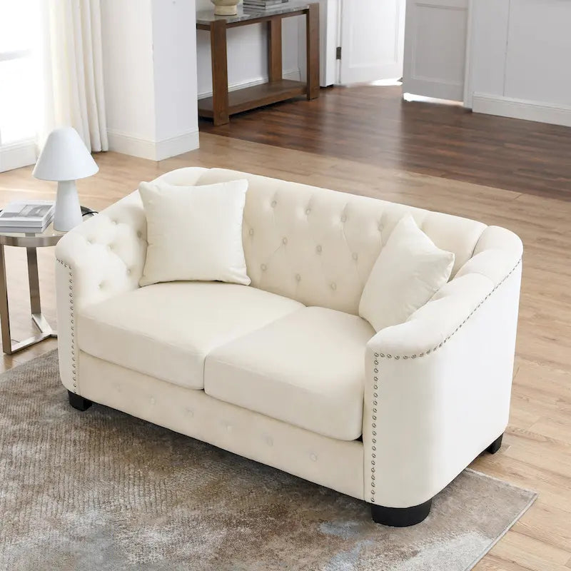 Sofá Chesterfield moderno de terciopelo de 59 pulgadas, sofá de 2 plazas, respaldos tapizados con capitoné, brazos con tachuelas y 2 cojines para la sala de estar
