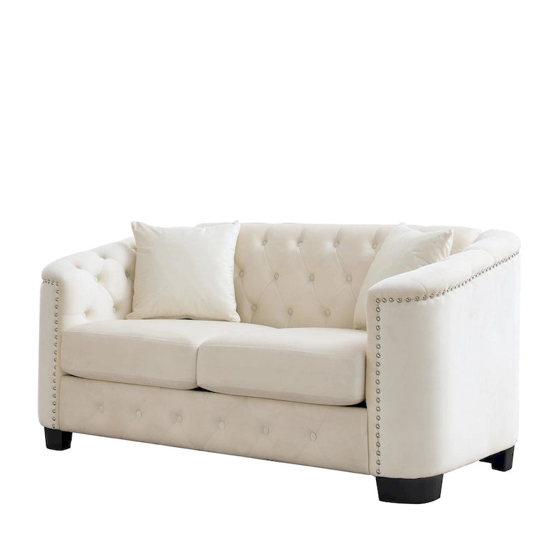 Sofá Chesterfield moderno de terciopelo de 59 pulgadas, sofá de 2 plazas, respaldos tapizados con capitoné, brazos con tachuelas y 2 cojines para la sala de estar