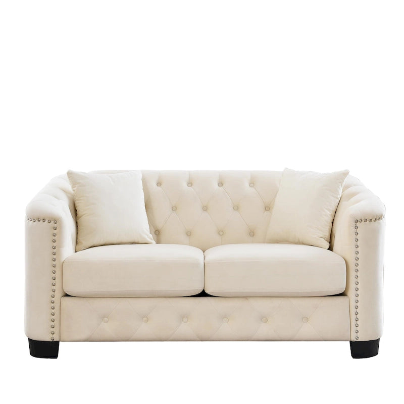 Sofá Chesterfield moderno de terciopelo de 59 pulgadas, sofá de 2 plazas, respaldos tapizados con capitoné, brazos con tachuelas y 2 cojines para la sala de estar