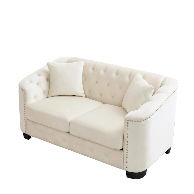 Sofá Chesterfield moderno de terciopelo de 59 pulgadas, sofá de 2 plazas, respaldos tapizados con capitoné, brazos con tachuelas y 2 cojines para la sala de estar