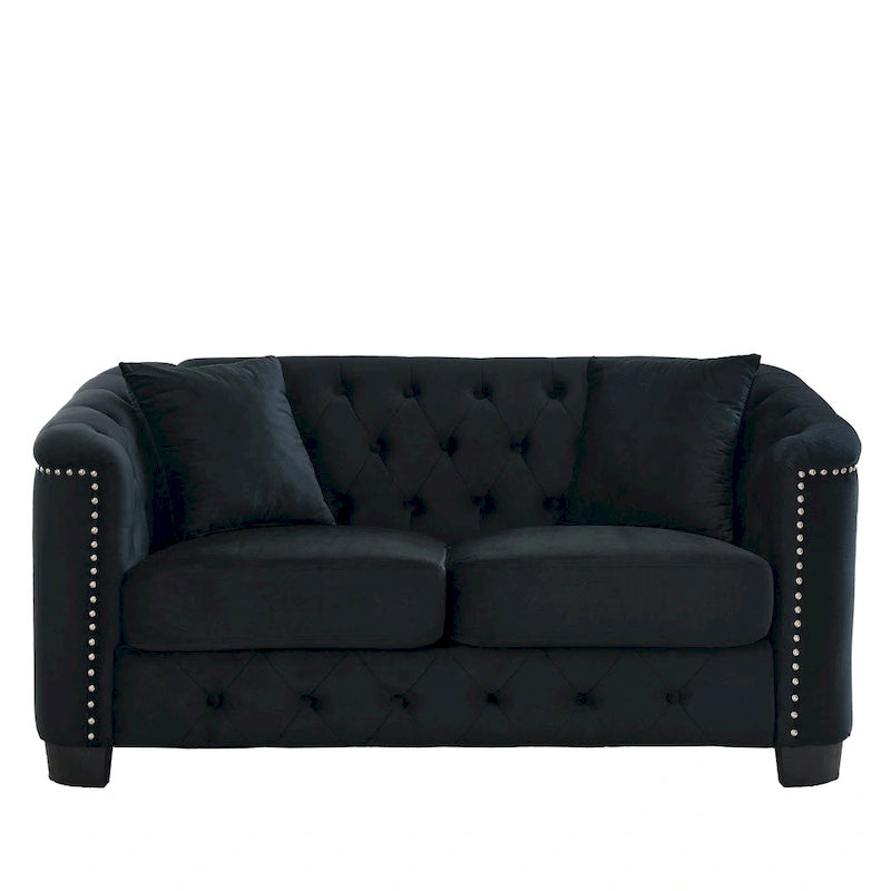 Sofá Chesterfield moderno de terciopelo de 59 pulgadas, sofá de 2 plazas, respaldos tapizados con capitoné, brazos con tachuelas y 2 cojines para la sala de estar