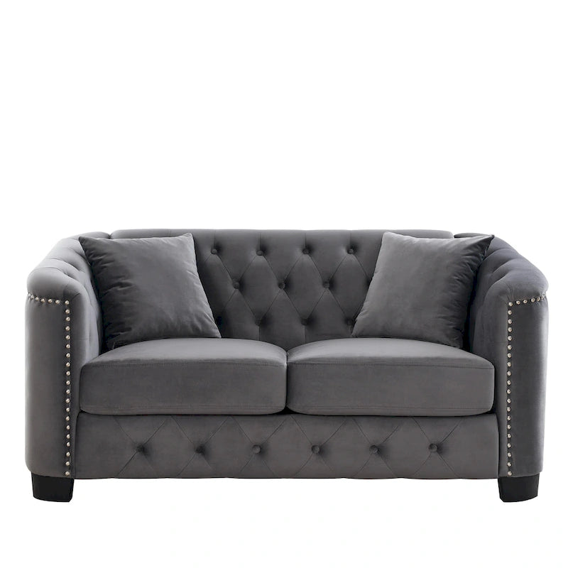 Sofá Chesterfield moderno de terciopelo de 59 pulgadas, sofá de 2 plazas, respaldos tapizados con capitoné, brazos con tachuelas y 2 cojines para la sala de estar