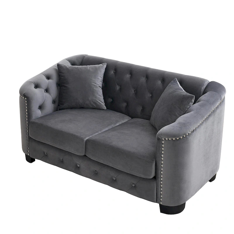 Sofá Chesterfield moderno de terciopelo de 59 pulgadas, sofá de 2 plazas, respaldos tapizados con capitoné, brazos con tachuelas y 2 cojines para la sala de estar