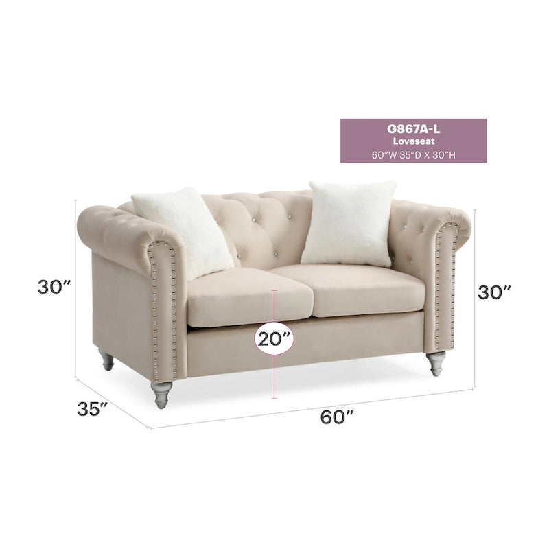 Raisa 60 in. samettinen kahden istuttava sohva ja 2 koristetyynyä – 60L x 34W x 30H