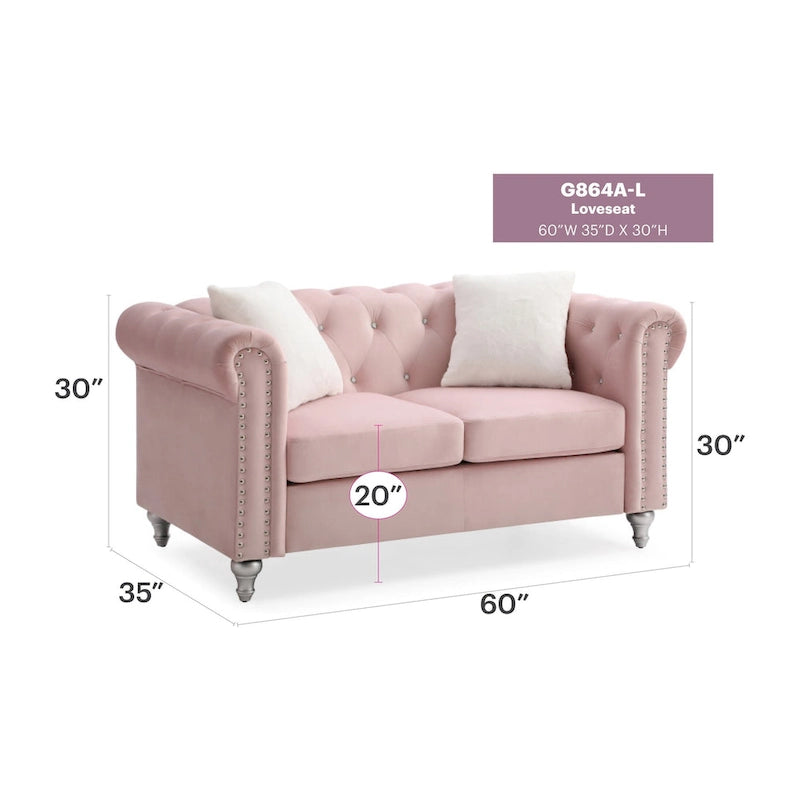 Raisa 60 in. samettinen kahden istuttava sohva ja 2 koristetyynyä – 60L x 34W x 30H