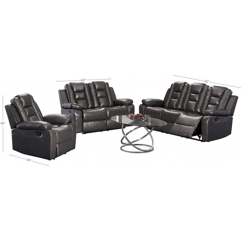 Set da soggiorno grigio da 3/2 pezzi con divano, divanetto e poltrona reclinabile in pelle PU