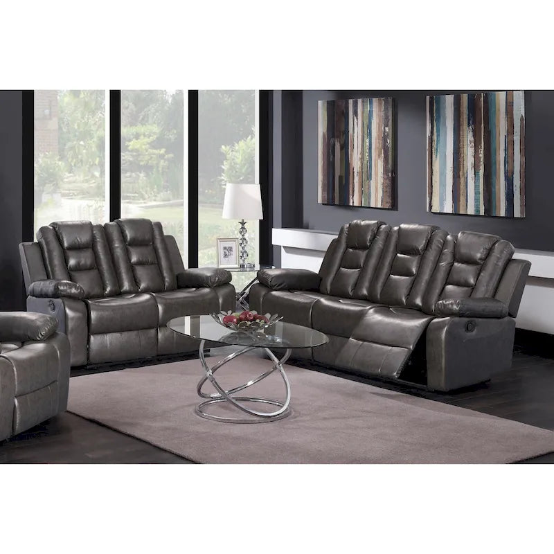 Set da soggiorno grigio da 3/2 pezzi con divano, divanetto e poltrona reclinabile in pelle PU