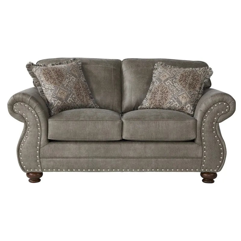 Set di divano e divanetto Roundhill Furniture Leinster in ecopelle con borchie, grigio pietra