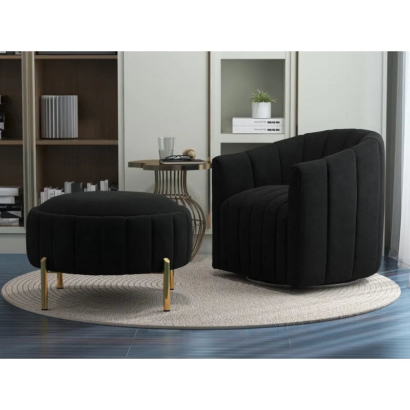 Ensemble SEYNAR de fauteuil club pivotant contemporain en velours capitonné avec pouf