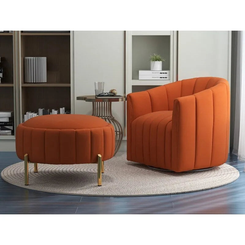 Ensemble SEYNAR de fauteuil club pivotant contemporain en velours capitonné avec pouf