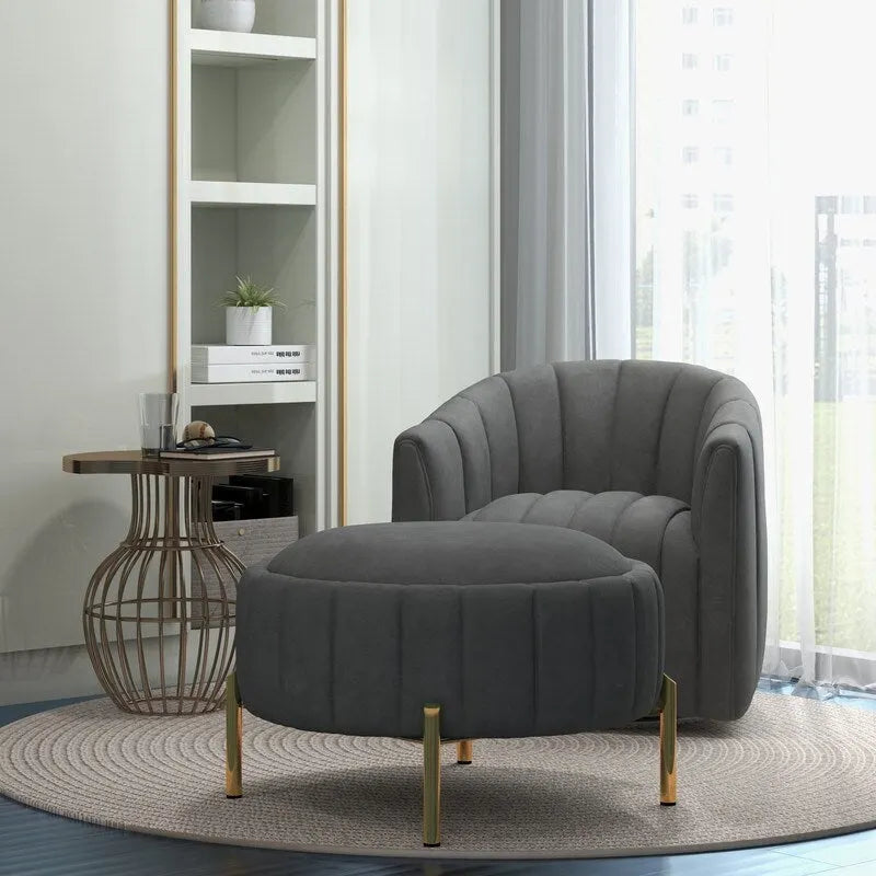 Ensemble SEYNAR de fauteuil club pivotant contemporain en velours capitonné avec pouf