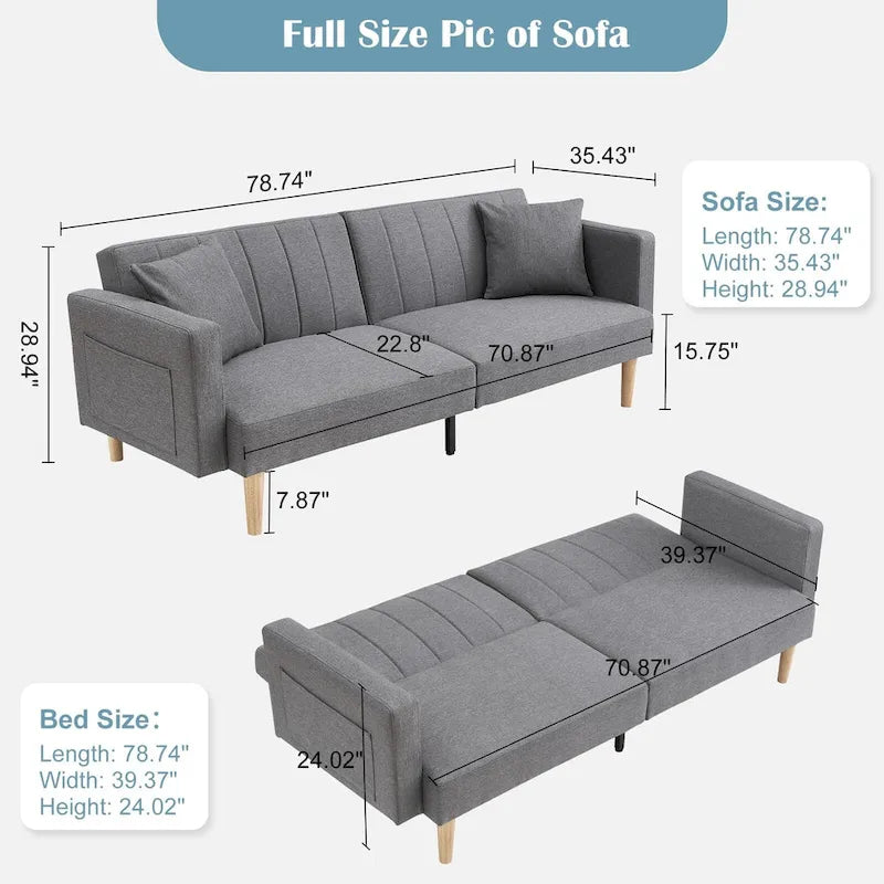 Nowoczesna sofa z funkcją spania z tkaniny 78.74Inch, 3 w 1, składana