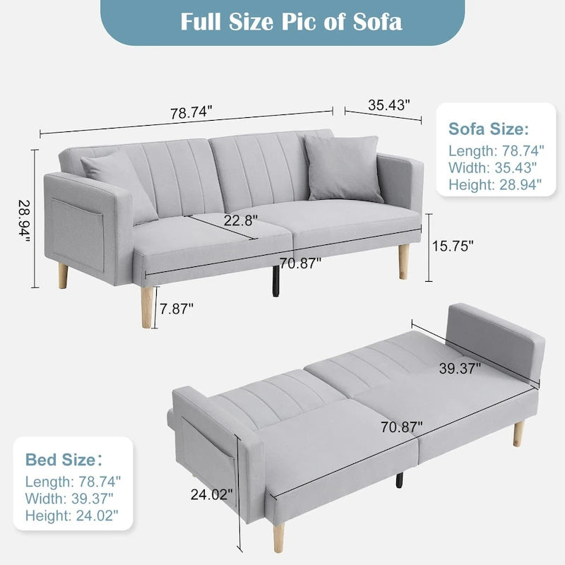 Nowoczesna sofa z funkcją spania z tkaniny 78.74Inch, 3 w 1, składana