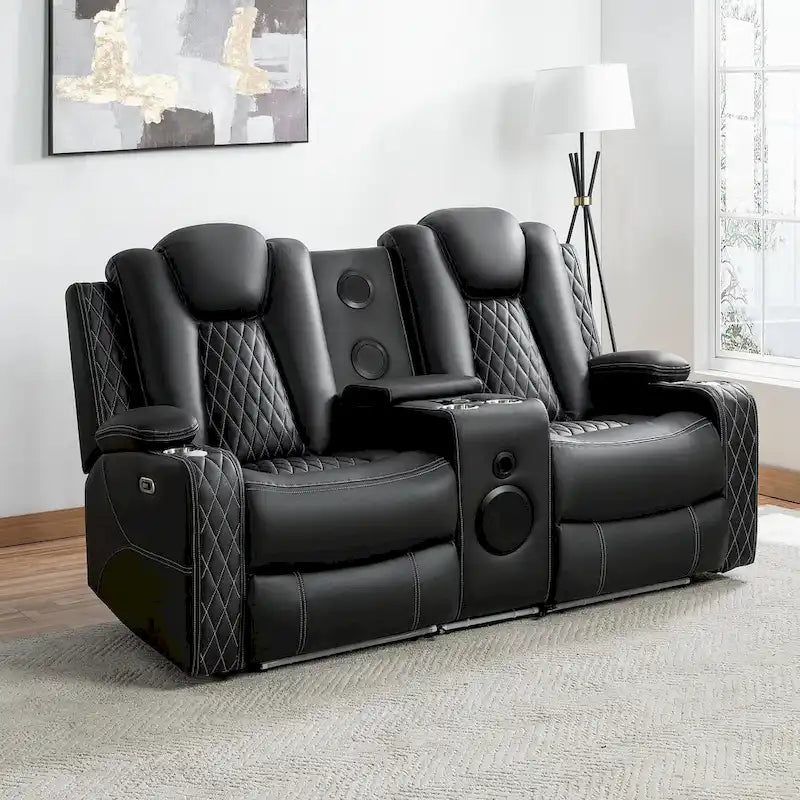 Loveseat de cine en casa de cuero sintético premium con luces LED, sillón reclinable con altavoces integrados y carga inalámbrica