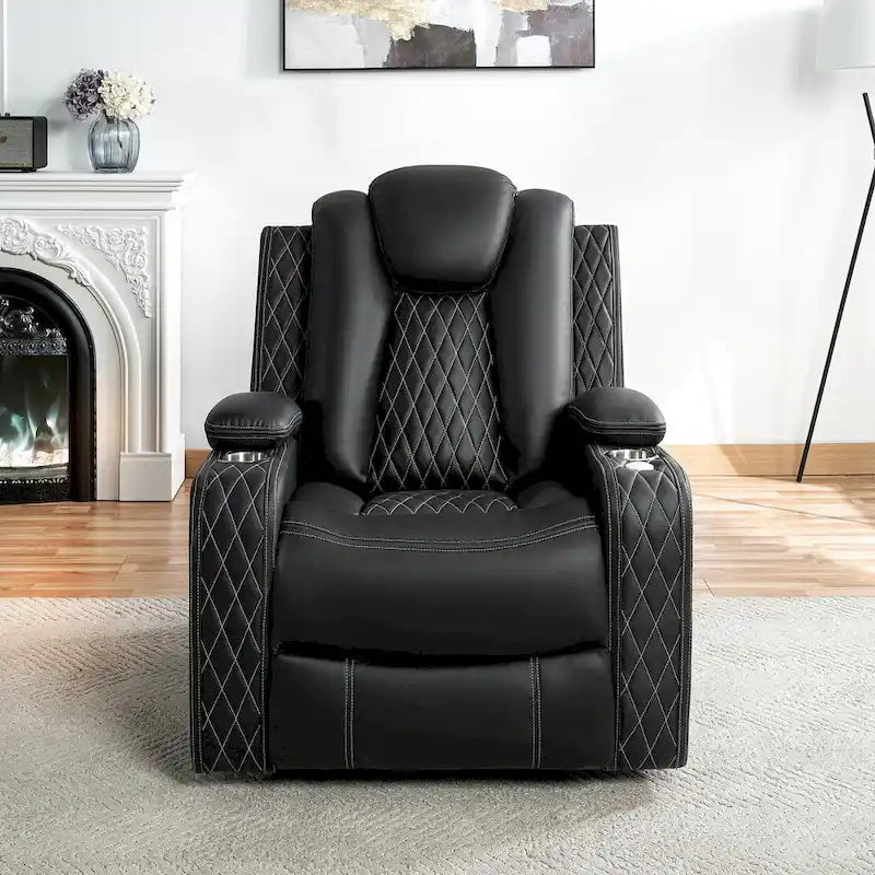 Loveseat de cine en casa de cuero sintético premium con luces LED, sillón reclinable con altavoces integrados y carga inalámbrica