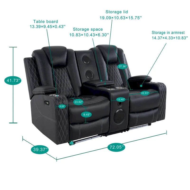 Loveseat de cine en casa de cuero sintético premium con luces LED, sillón reclinable con altavoces integrados y carga inalámbrica