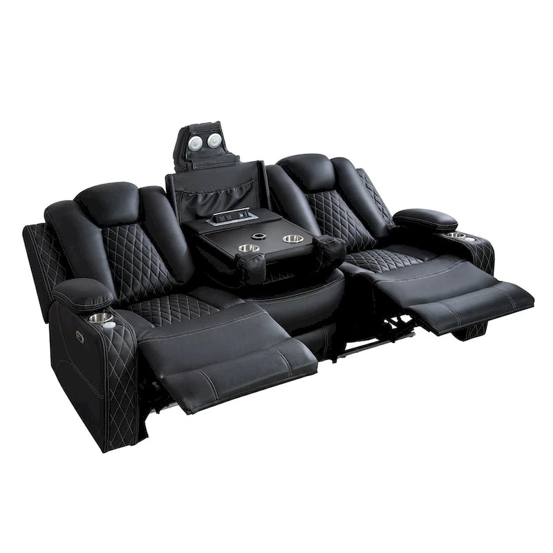 Loveseat de cine en casa de cuero sintético premium con luces LED, sillón reclinable con altavoces integrados y carga inalámbrica